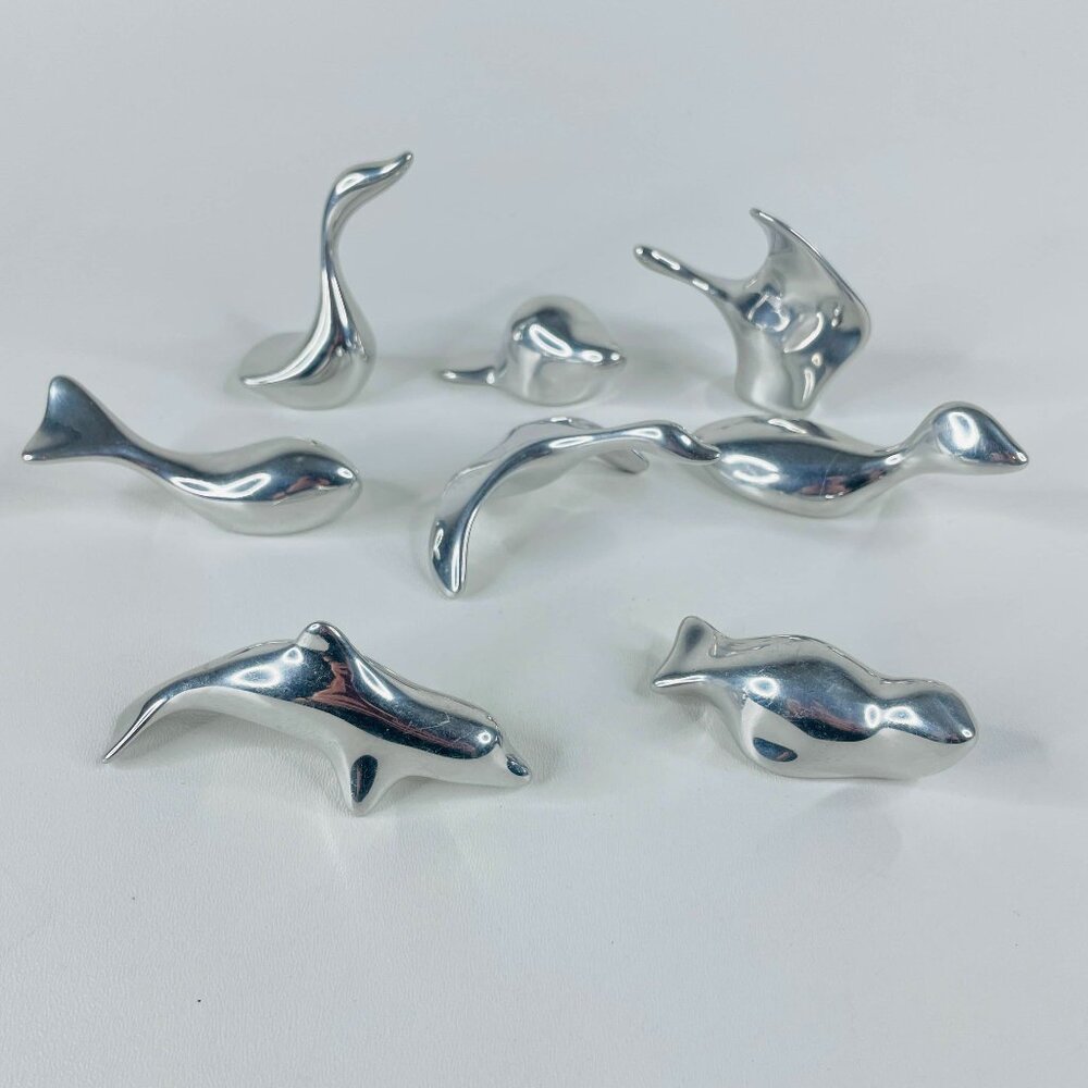 Set of 8 Hoselton Stiefel Aluminum Sculpture Signed Modernist Bird Seal Figures